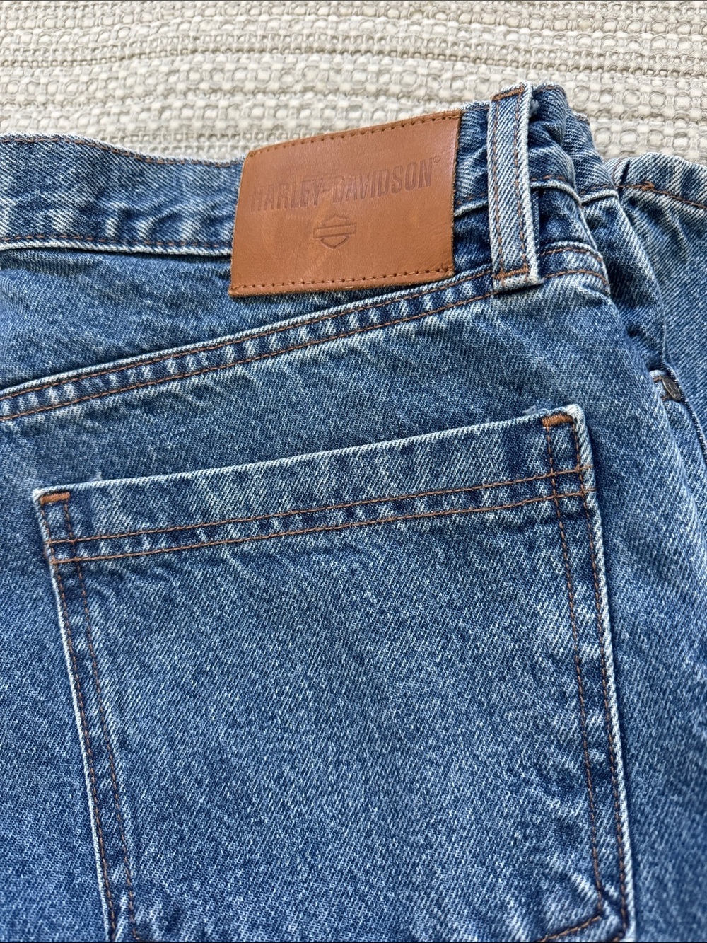 Harley-Davidson Blue Relaxed Fit Denim Jeans with Brown Leather Patch